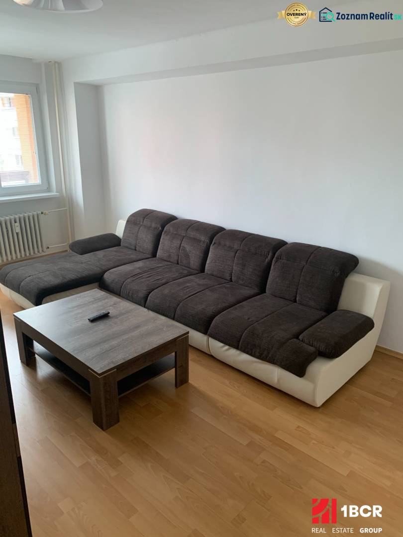Ein Sofa mit einem Couchtisch und einem Boden in Holzoptik in einer 2-Zimmer-Wohnung.