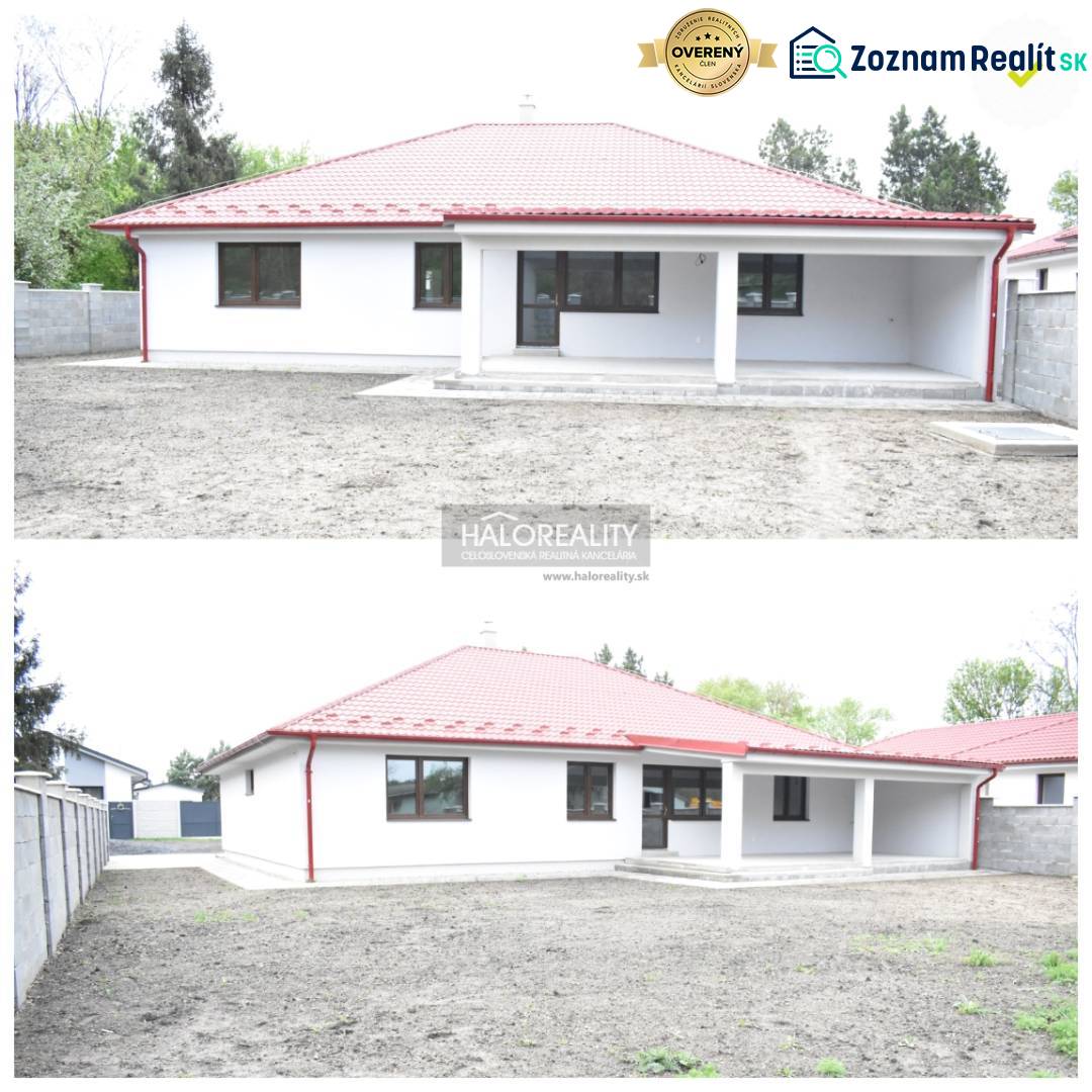 Ein Einfamilienhaus in Závod mit rotem Dach, geräumigem Hof und überdachter Terrasse.