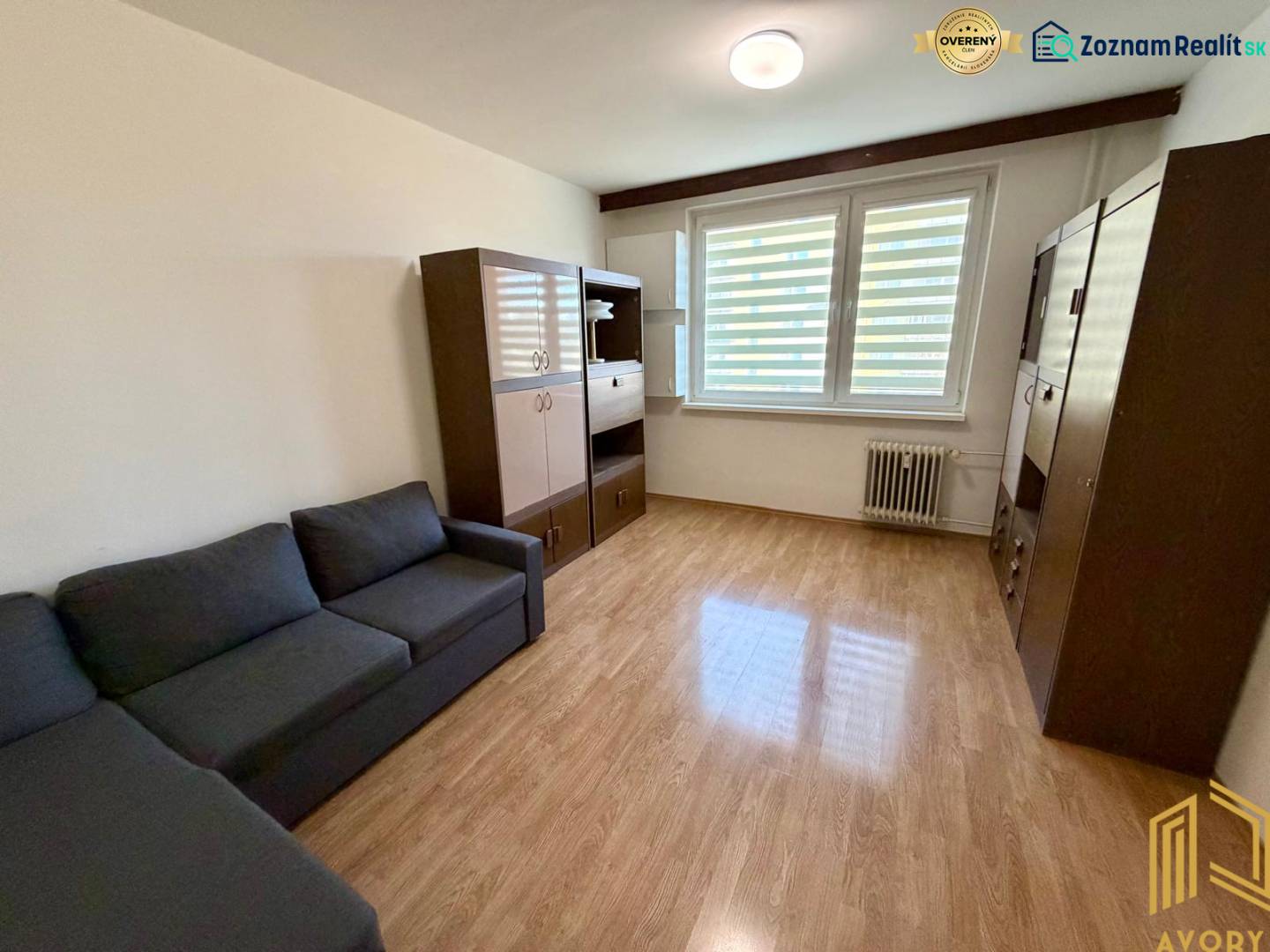 Wohnzimmer in einer Einzimmerwohnung mit Holzboden, Sofa und Schränken.