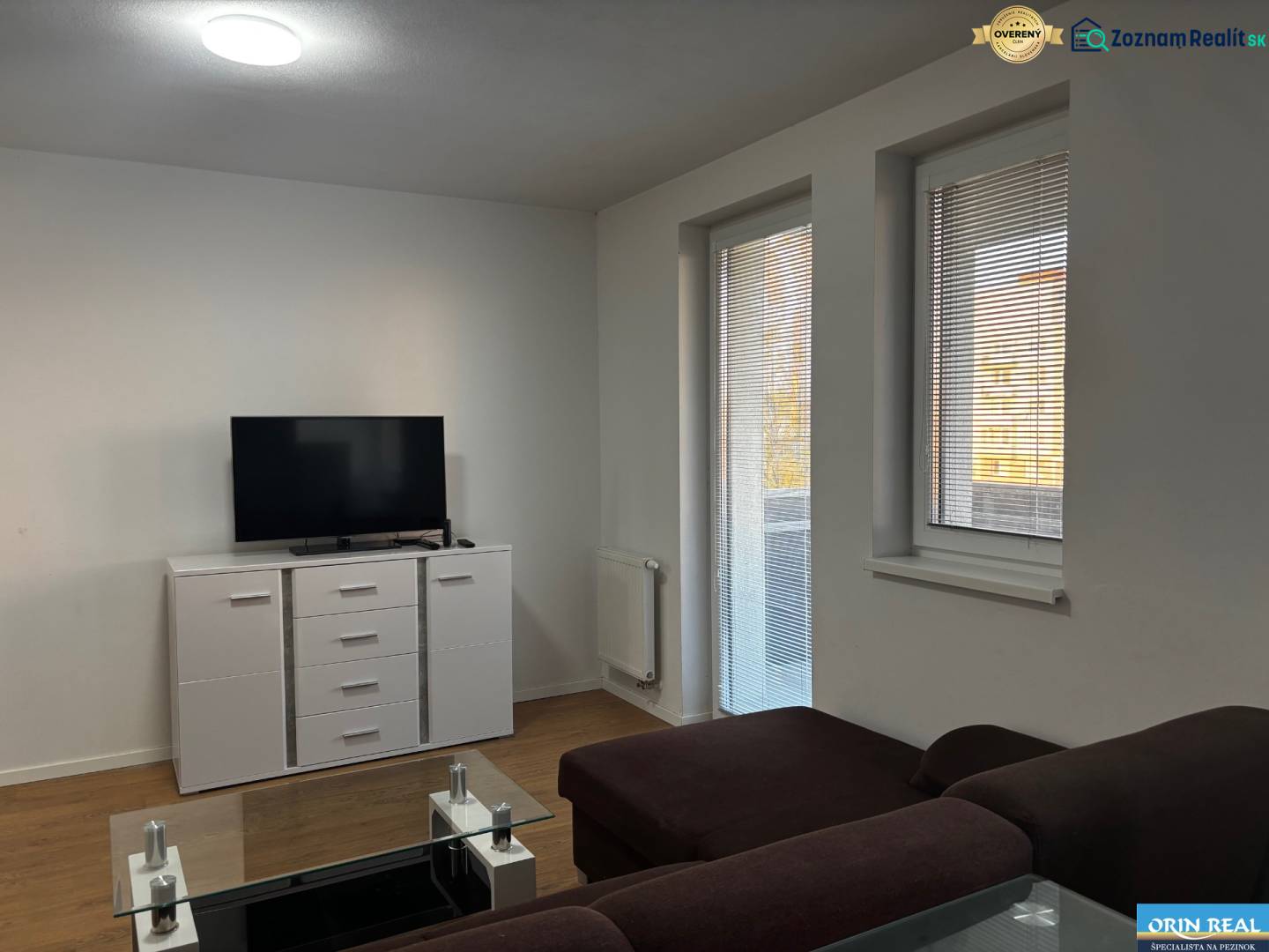 Wohnzimmer in einer Zweizimmerwohnung mit Sofa, Fernseher und Holzboden.