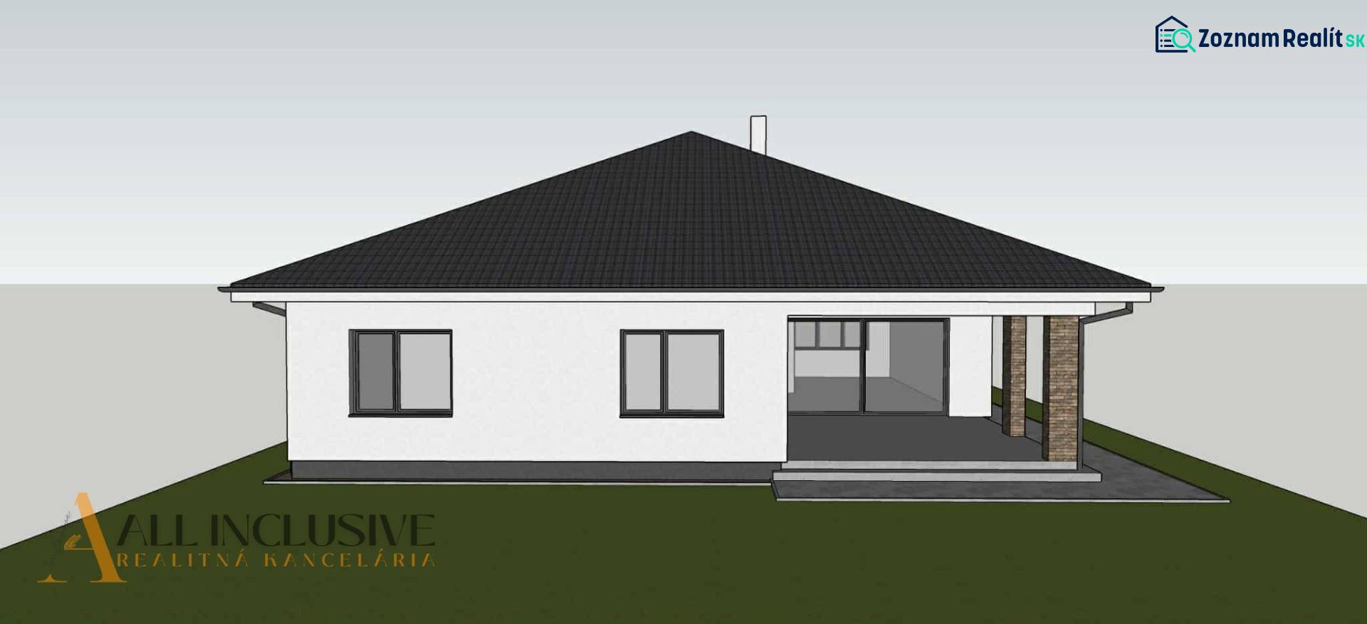 Ein Einfamilienhaus in Bajč mit weißer Fassade und einem gegliederten Dach.