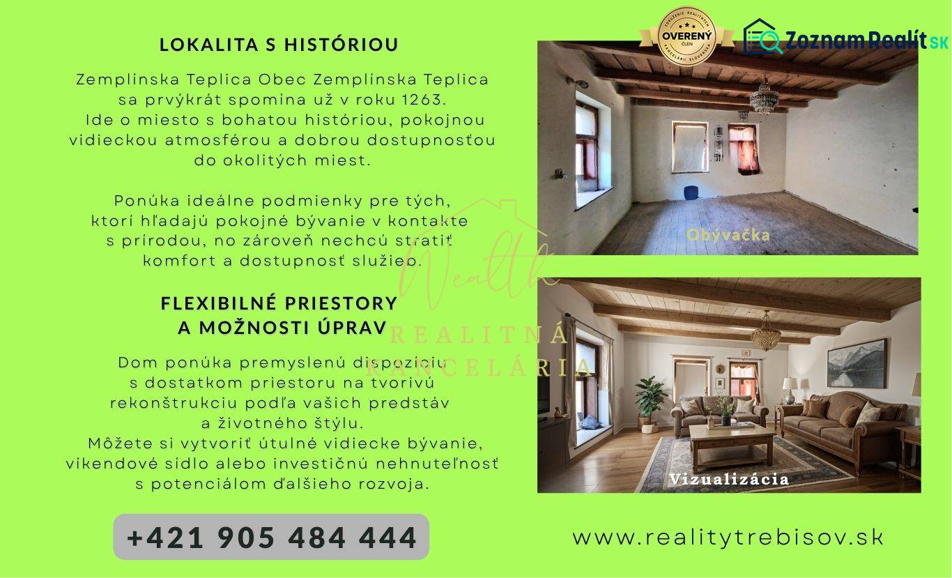 Grundriss eines Einfamilienhauses mit Wohnzimmer und Visualisierung der Einrichtung, Holzdecke.