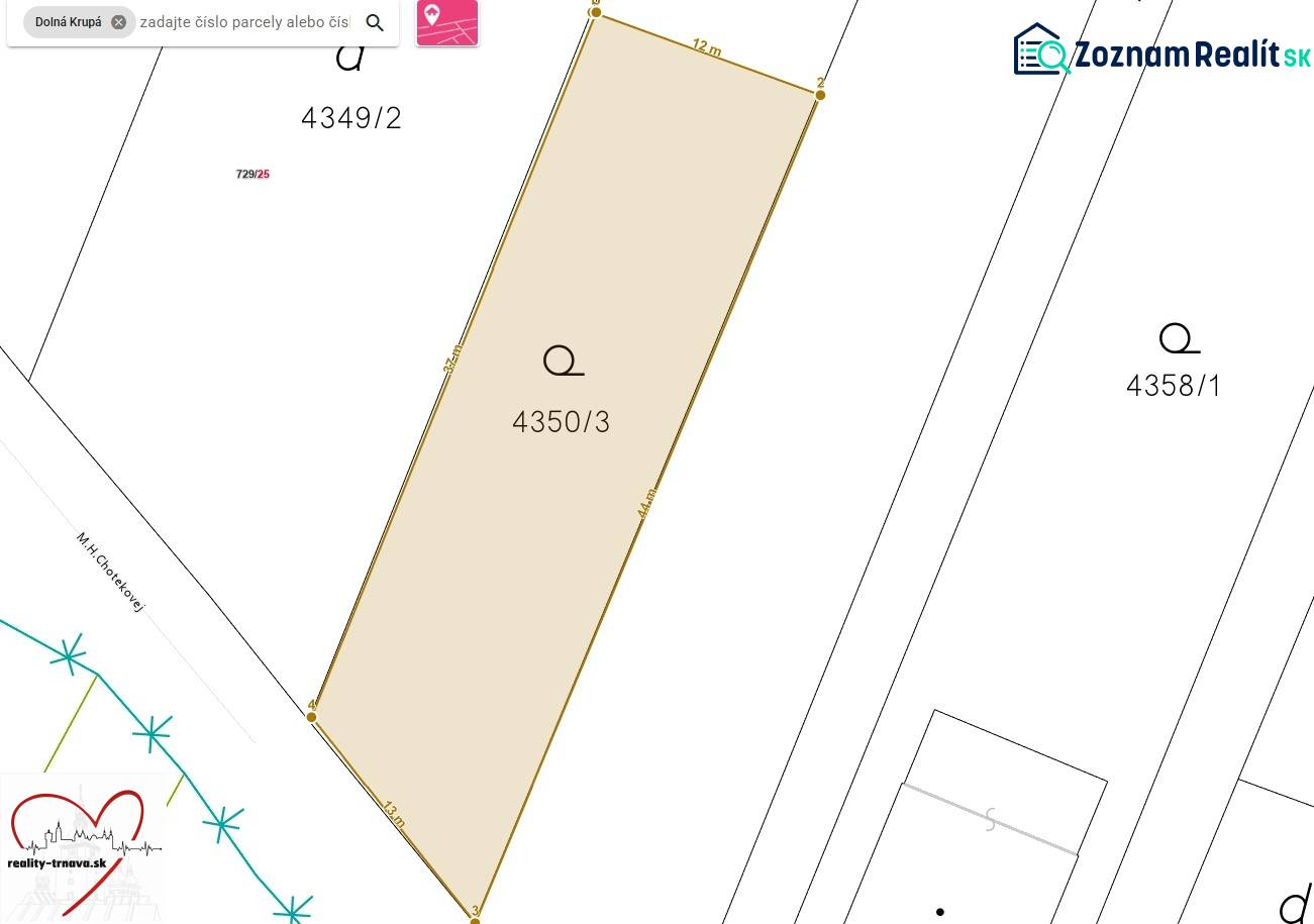 Grundstücksplan in M.H. Chvotekova in Dolná Krupá, bestimmt für Wohnzwecke.