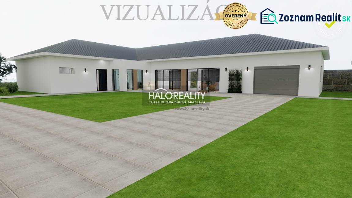 Visualisierung eines Einfamilienhauses in Veľký Kýr mit Rasen und Garage.