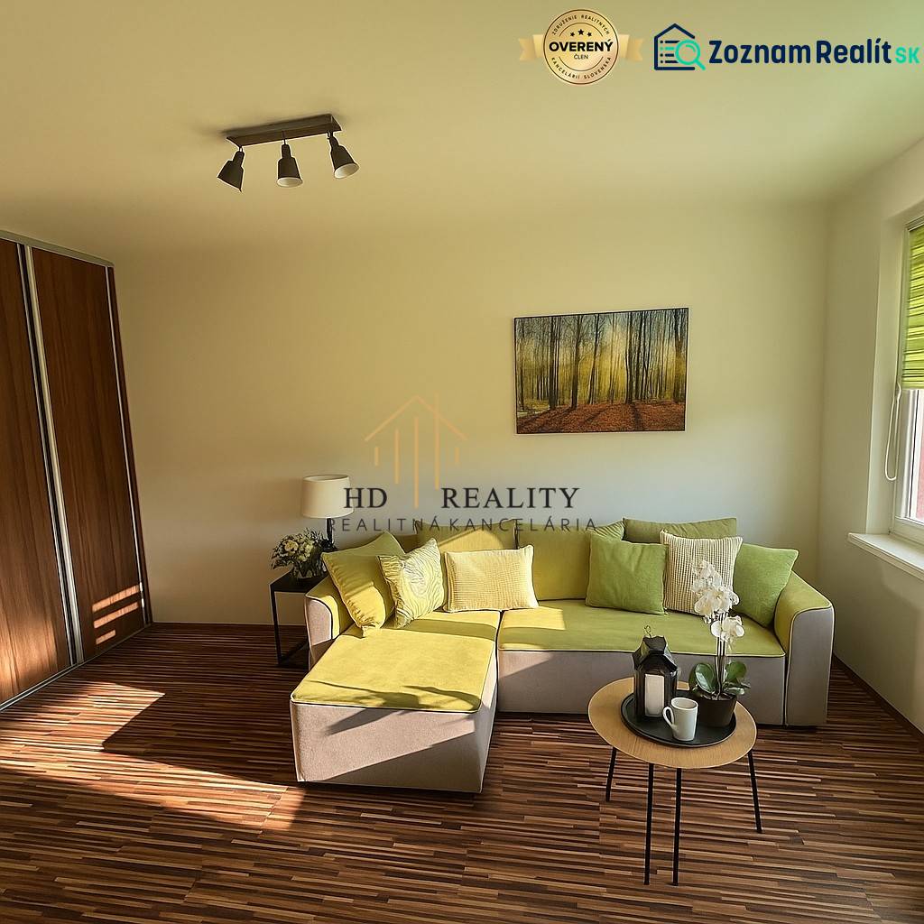 Wohnzimmer einer Einzimmerwohnung mit Sofa, Bild und Holzboden.