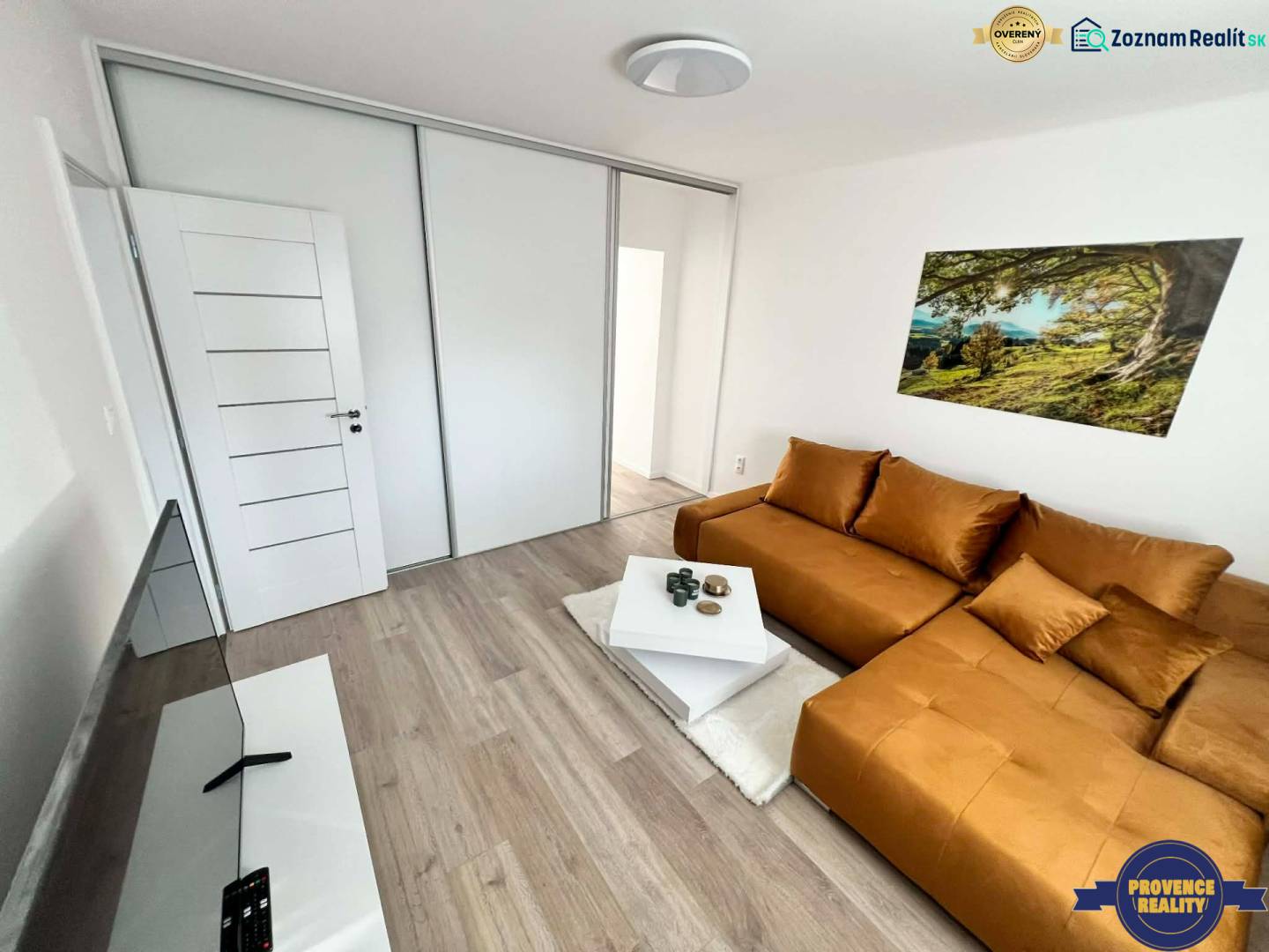 Wohnzimmer in einer 2-Zimmer-Wohnung mit Sofa, Fernseher und Holzboden.