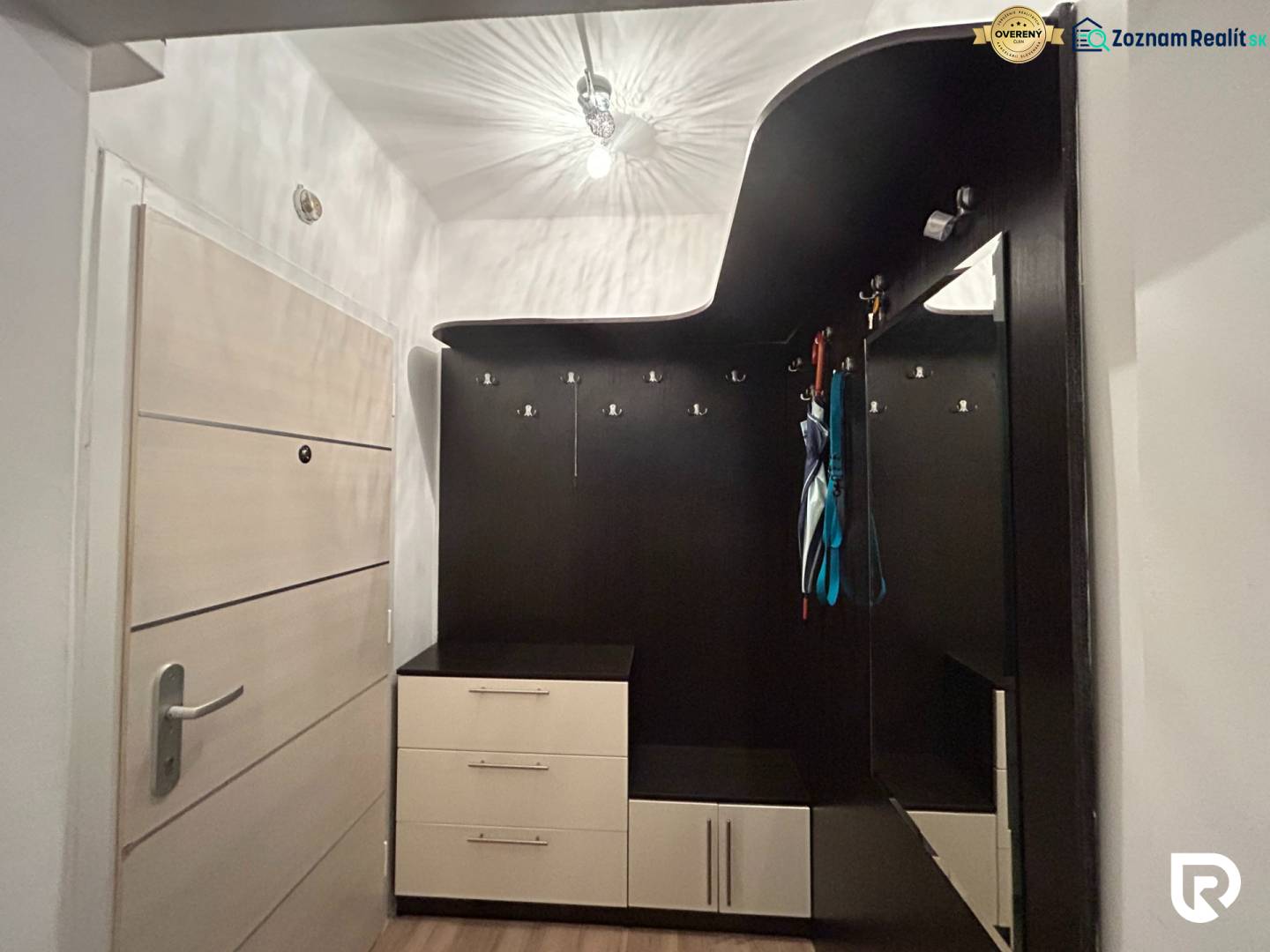 Eingangsbereich mit praktischer Möbellösung in einer Einzimmerwohnung mit Holzboden.