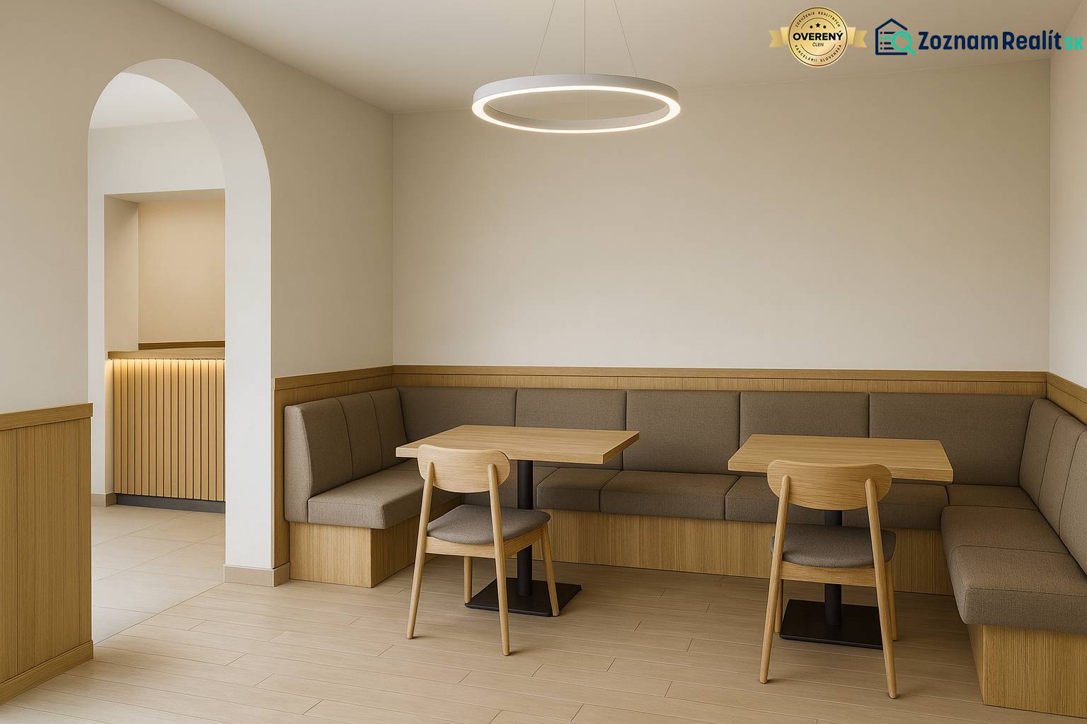 Geschäftsräume mit Holzboden-Dekor, gemütliche Sitzgelegenheiten und runde Leuchte.