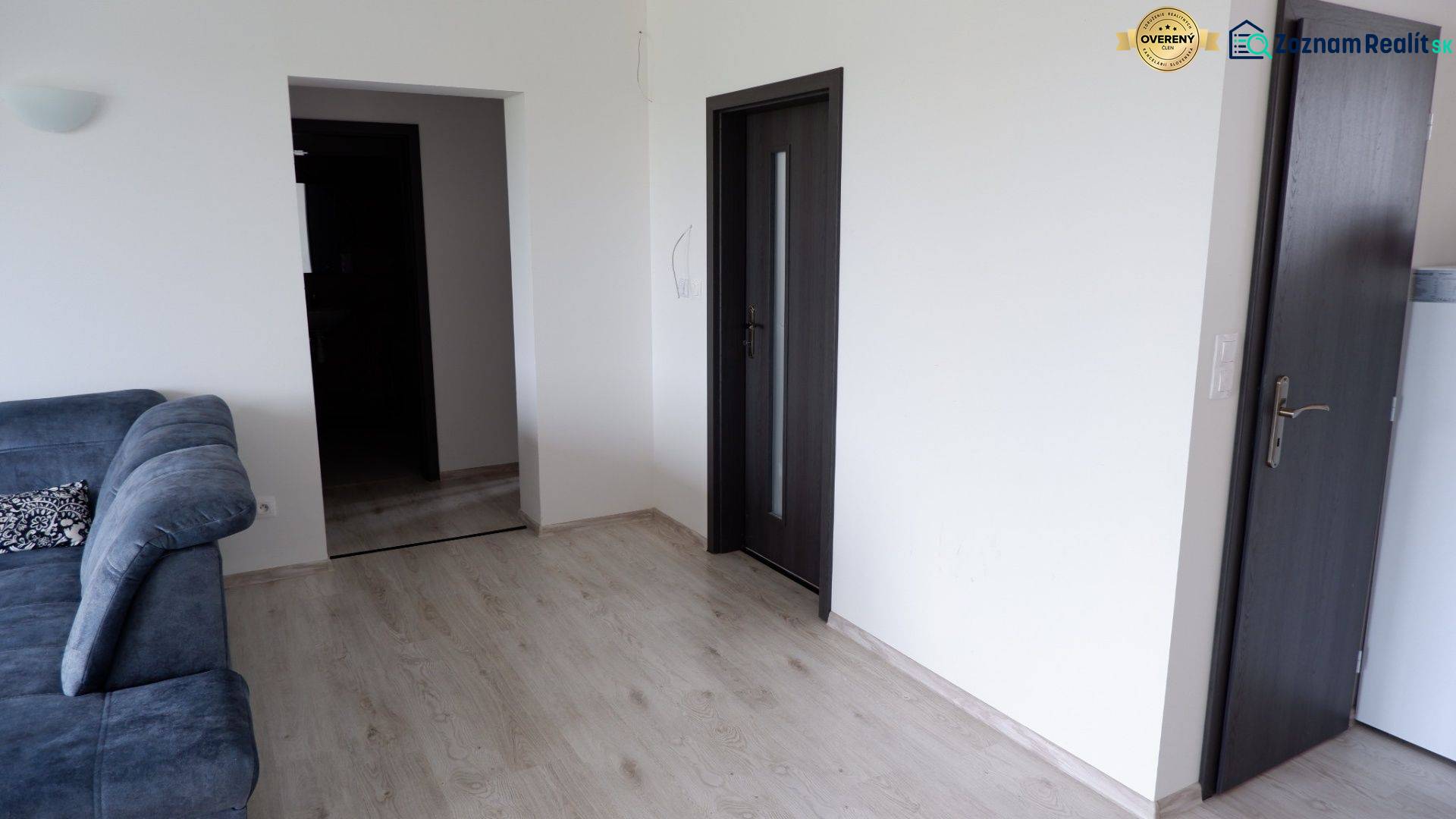 Innenraum eines Einfamilienhauses mit Sofa, Holzboden und dunklen Türen.