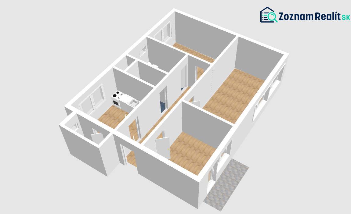 3D Grundriss einer 3-Zimmer-Wohnung mit Holzboden.