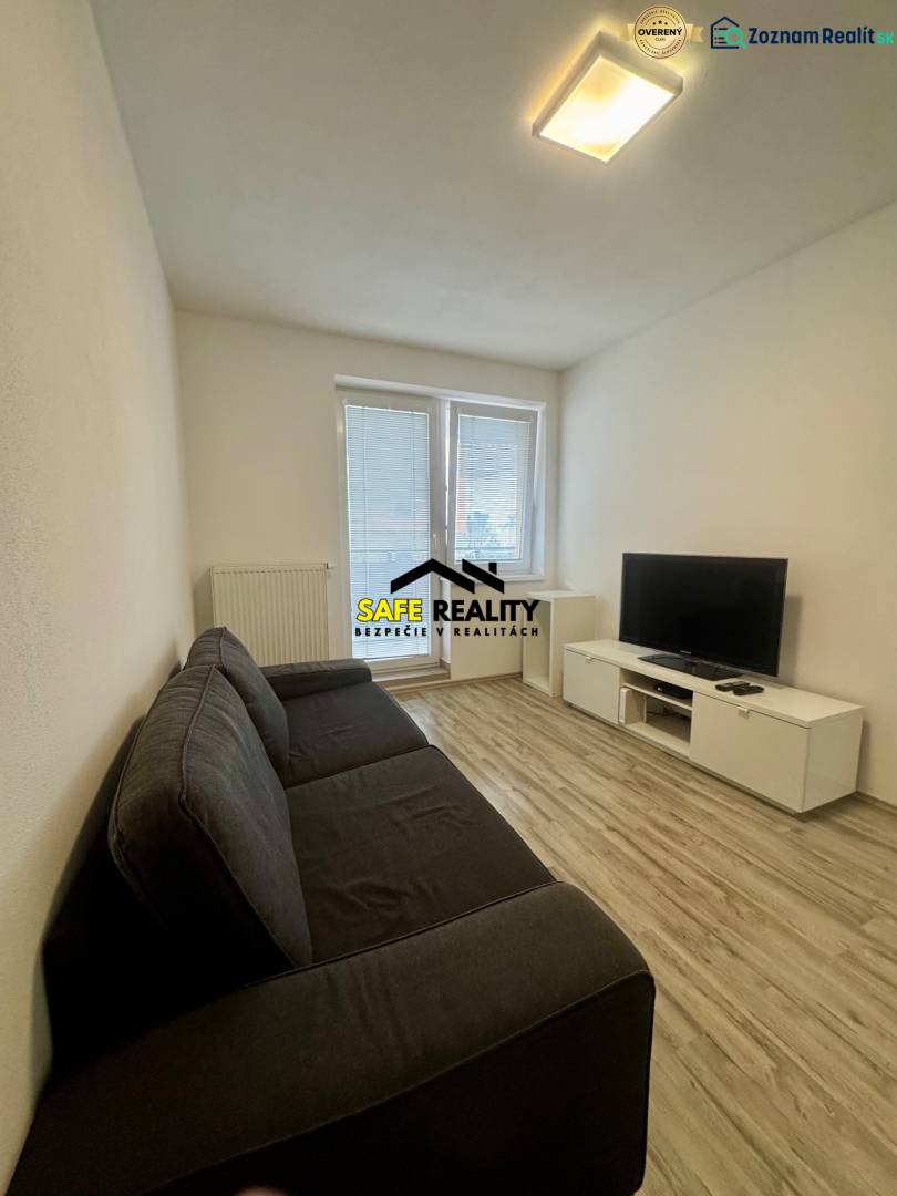 Wohnzimmer in einer Zweizimmerwohnung mit Sofa, Fernseher und Holzboden.