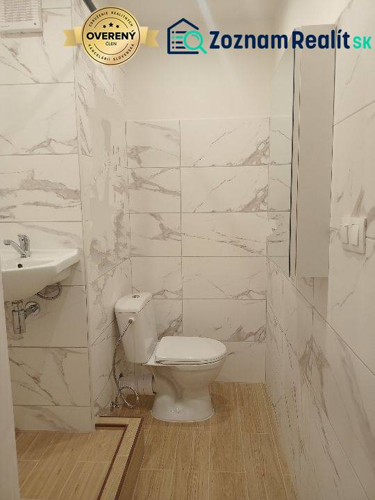 Badezimmer eines Einzimmerapartments mit Toilette, Waschbecken und Boden in Holzoptik.