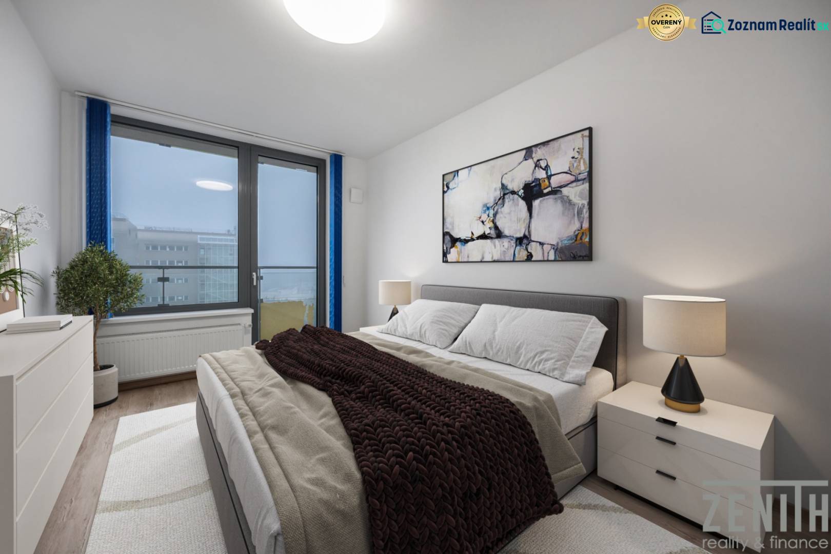 Schlafzimmer in einer 2-Zimmer-Wohnung mit einem bequemen Bett, einem Bild und einer Lampe auf dem Nachttisch.