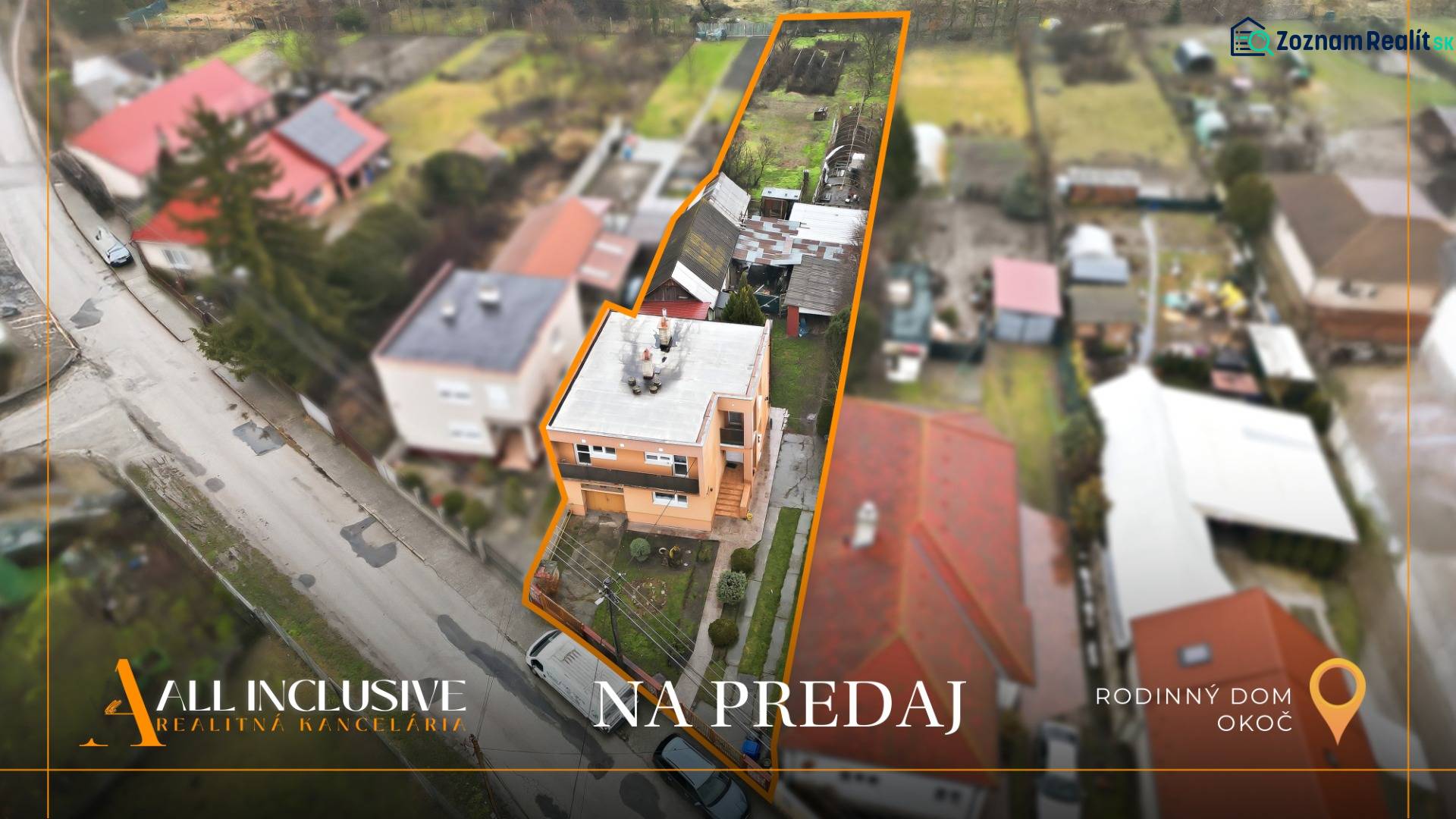 Luftaufnahme eines Einfamilienhauses in Okoč, Veľký Meder. Zu verkaufen.