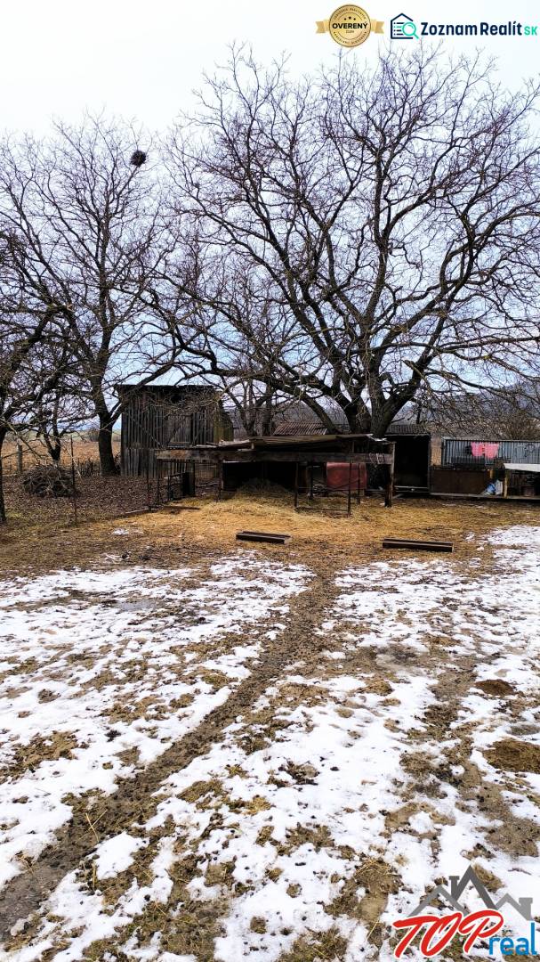 Verschneite Wohnbaugrundstücke mit Bäumen in der Mierova-Straße in Krásnohorské Podhradie.