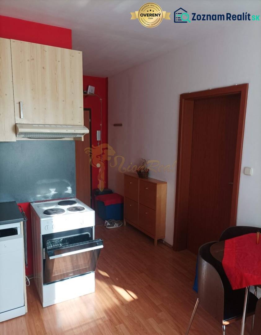 Küche in einer Einzimmerwohnung mit Holzboden.