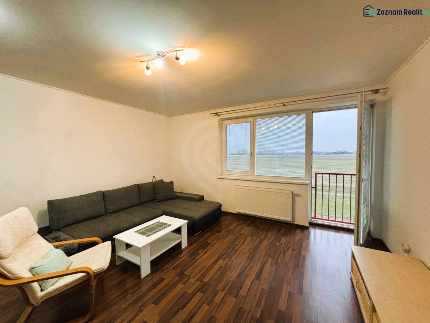 Wohnzimmer in einer 2-Zimmer-Wohnung mit Holzboden und Sofa.