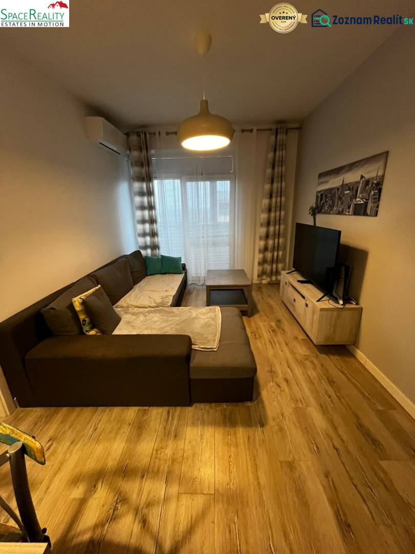 Wohnzimmer in einer 2-Zimmer-Wohnung mit einem bequemen Sofa und einem Boden in Holzoptik.