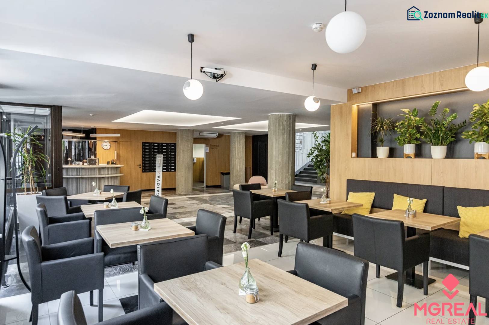 Büros mit Holzboden, Tischen, schwarzen Stühlen und Pflanzen in Bratislava.