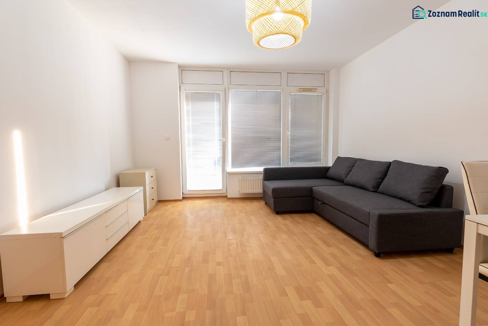 Wohnzimmer in einer 2-Zimmer-Wohnung mit Sofa, Schrank und Boden in Holzoptik.