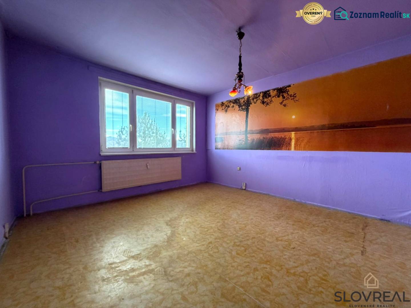 Ein lila gefärbtes Zimmer in einer Zweizimmerwohnung mit Holzboden und einem großen Fenster.