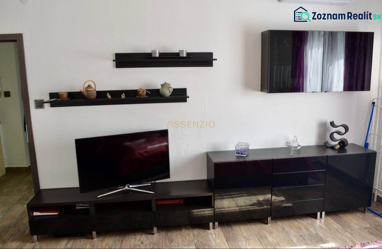 Innenraum einer 2-Zimmer-Wohnung mit dunklen Möbeln und einem Fernseher auf einem Boden mit Holzdekor.