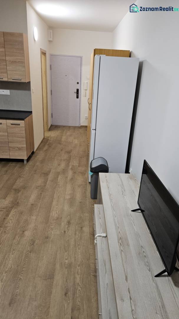 Einzimmerwohnung mit Holzboden, Küchenzeile, Kühlschrank und Fernseher.