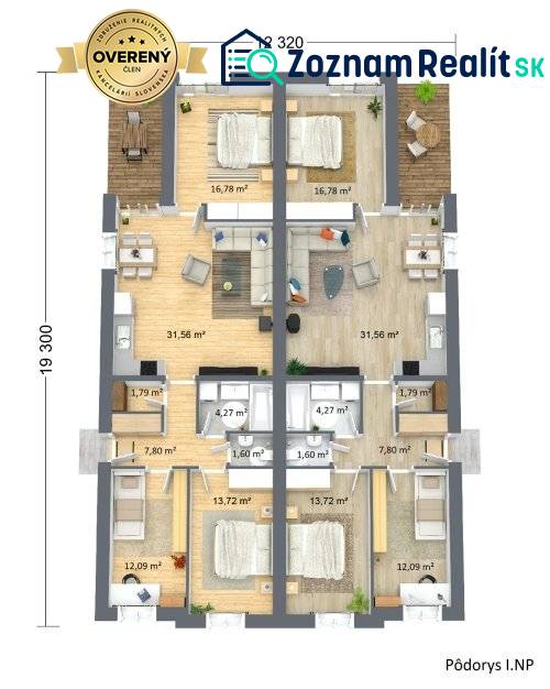 Grundriss des Erdgeschosses eines Einfamilienhauses mit zwei Schlafzimmern und einem Wohnbereich auf einem Boden mit Holzdekor.