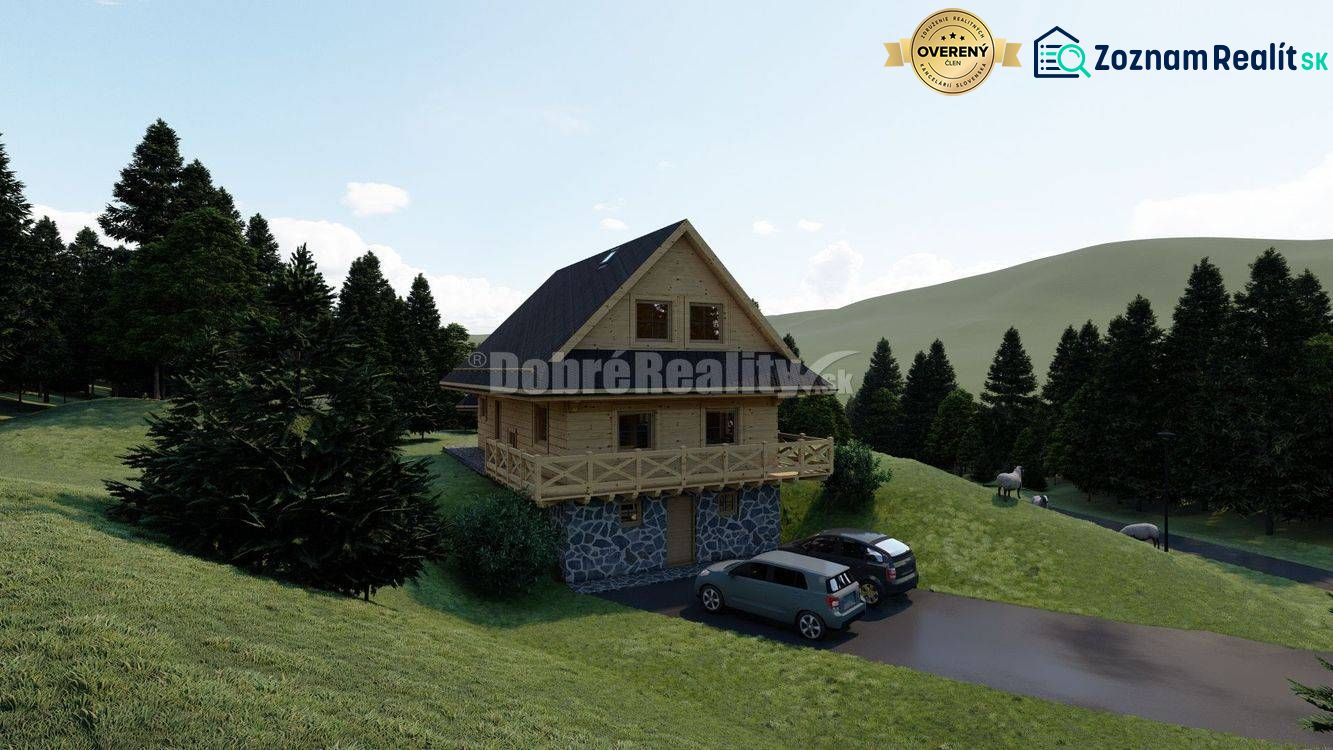 Ein Holzhaus mit schrägem Dach in der Berglandschaft von Kremnické Bane, geeignet zum Wohnen.