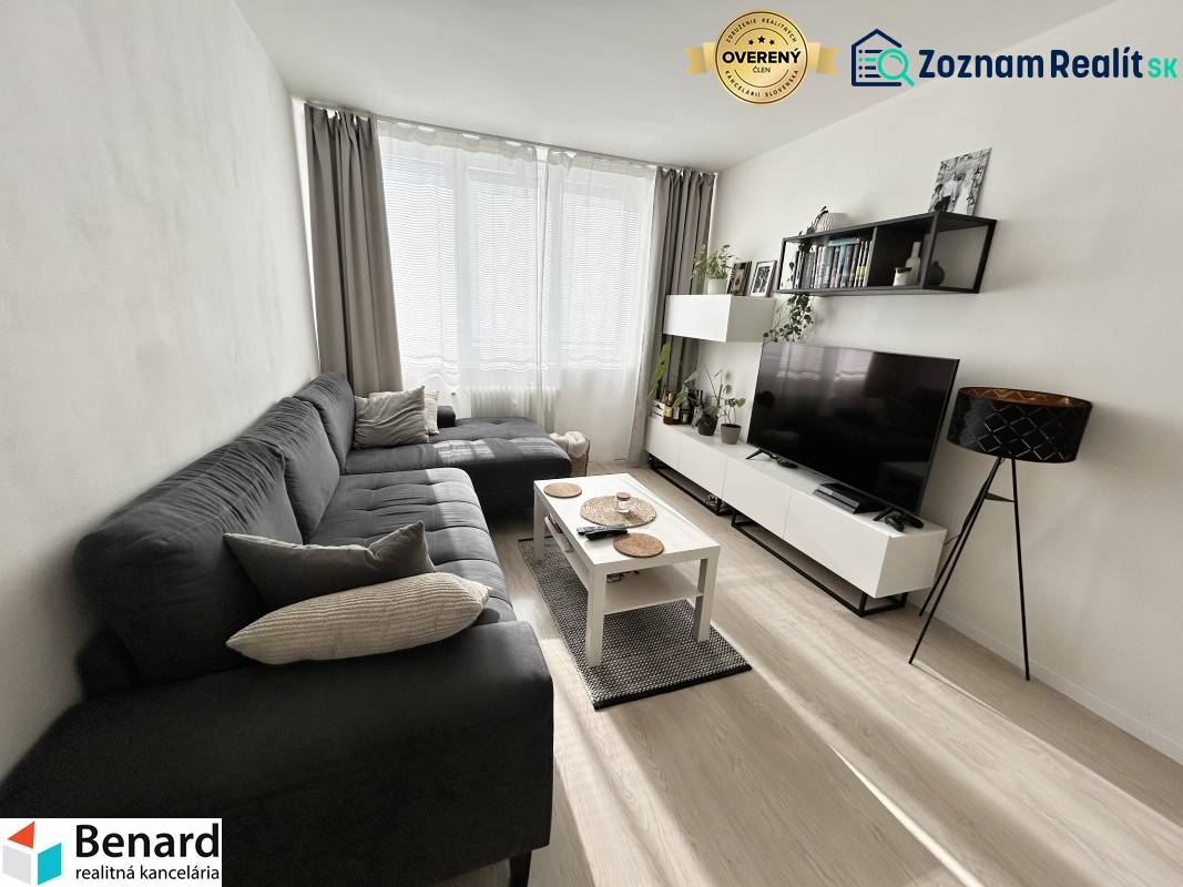 Wohnzimmer in einer 2-Zimmer-Wohnung mit Holzboden und Sofa.