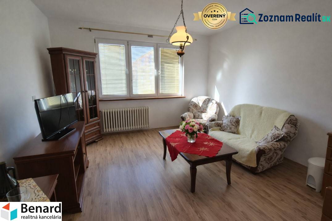 Wohnzimmer in einer 2-Zimmer-Wohnung mit Holzboden, bequemen Möbeln und einem dekorativen Tisch.