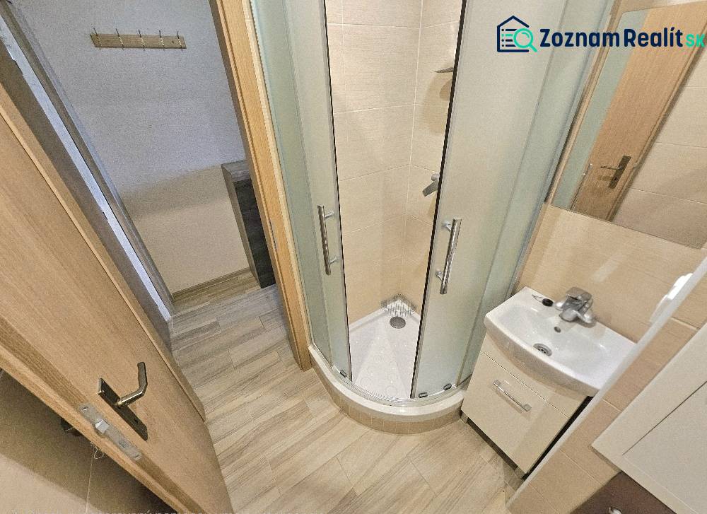 Badezimmer in einem Studio-Apartment mit Kassetten-Dusche und Holzboden-Dekor.