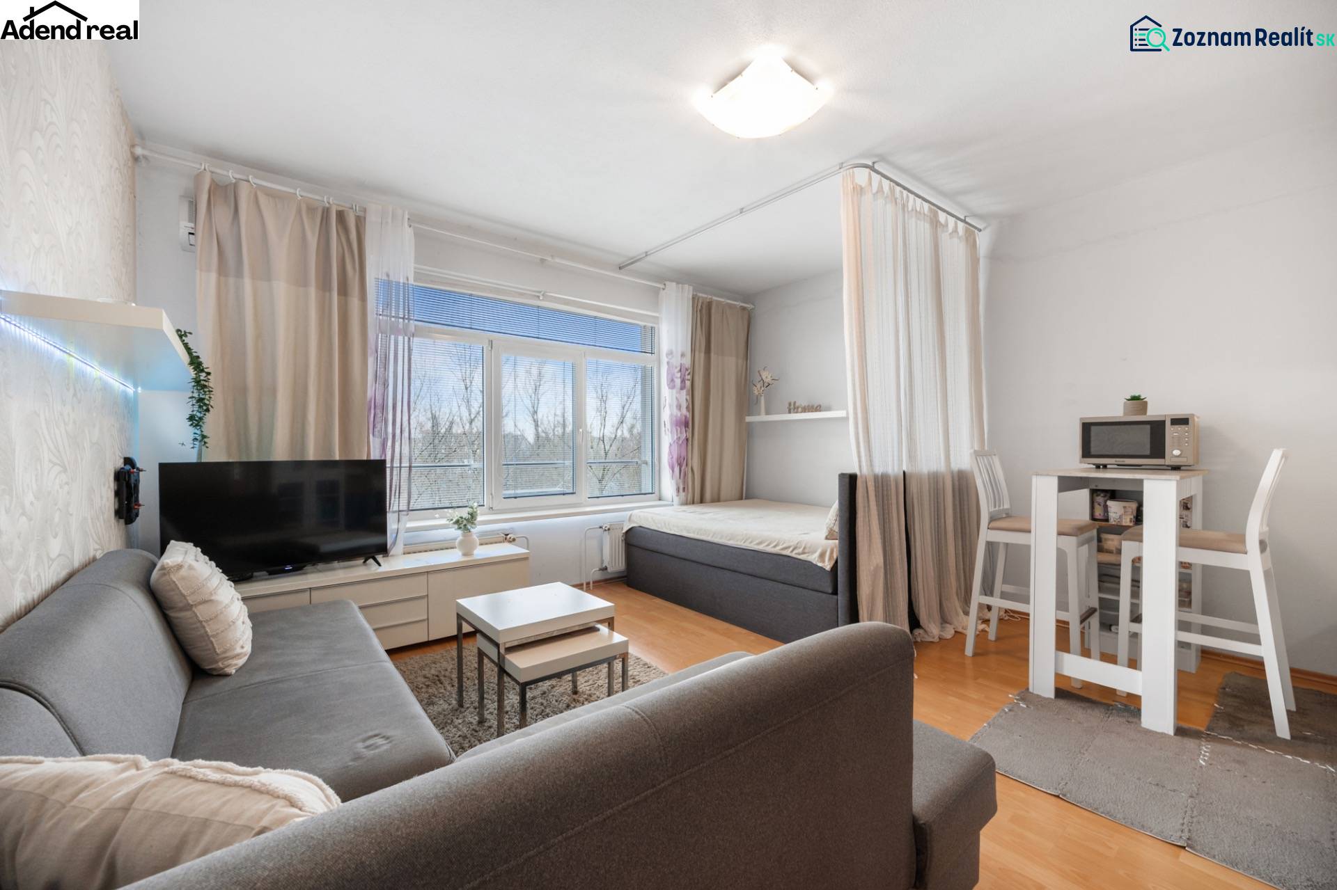 Wohnbereich einer Einzimmerwohnung mit Sofa, Fernseher, Esstisch und Bett.