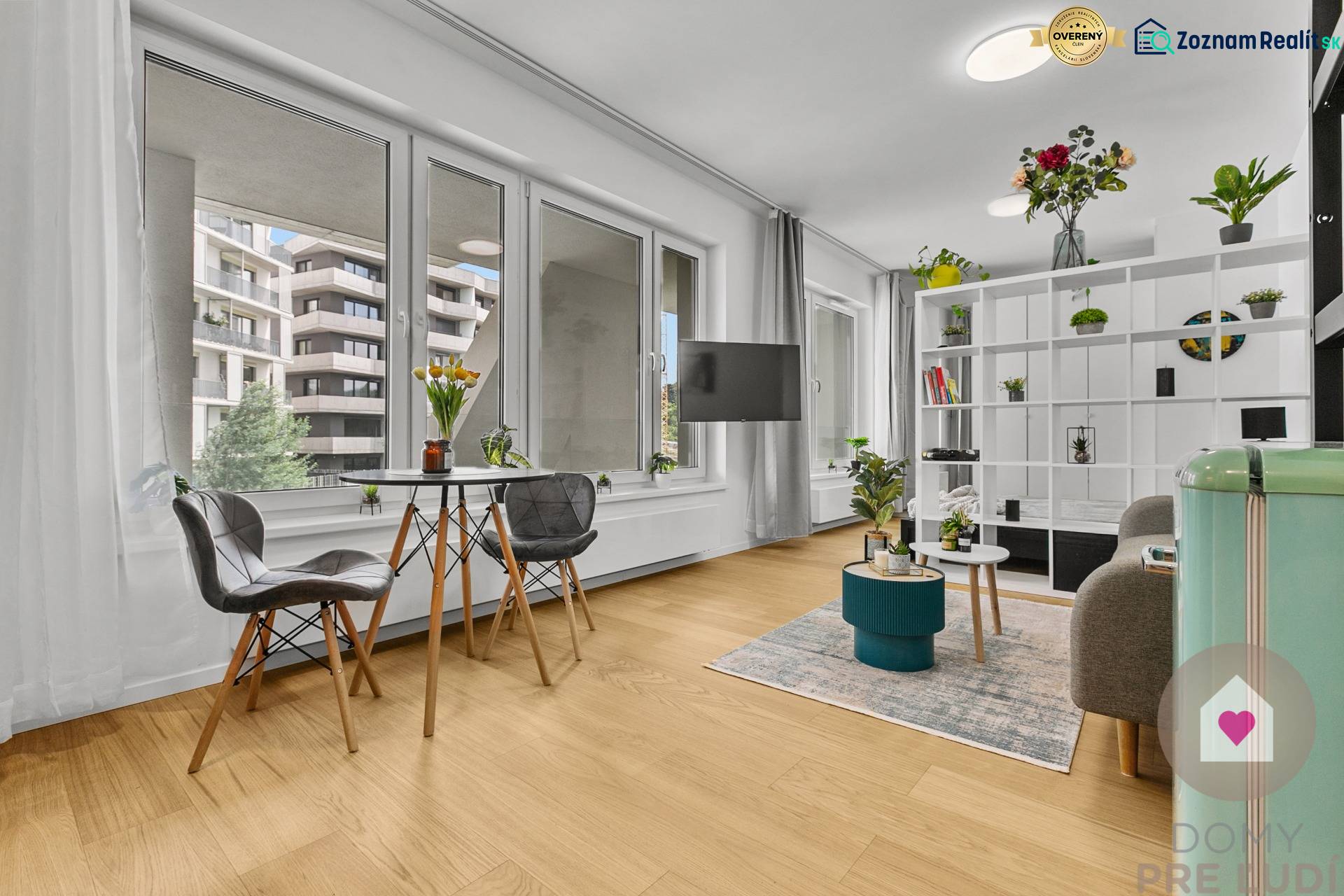 Wohnzimmer einer Einzimmerwohnung mit großen Fenstern, Holzboden und Pflanzen.