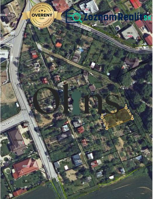 Luftkarte der Gärten in Nitra mit markiertem Grundstück im Bereich Pod Katrušou.