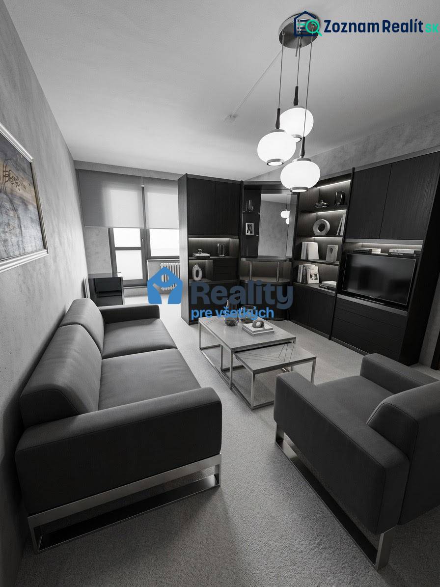 Wohnzimmer in einer 2-Zimmer-Wohnung mit dunklen Möbeln und einem komfortablen Sofa.