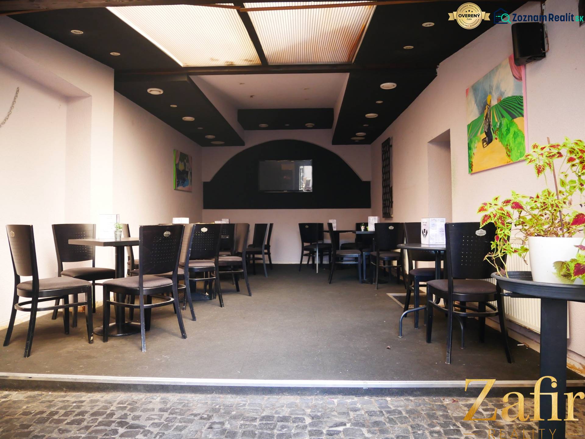 Innenraum von Gastronomiebereichen mit Sitzgelegenheiten, Dekorationen und Zimmerpflanze.