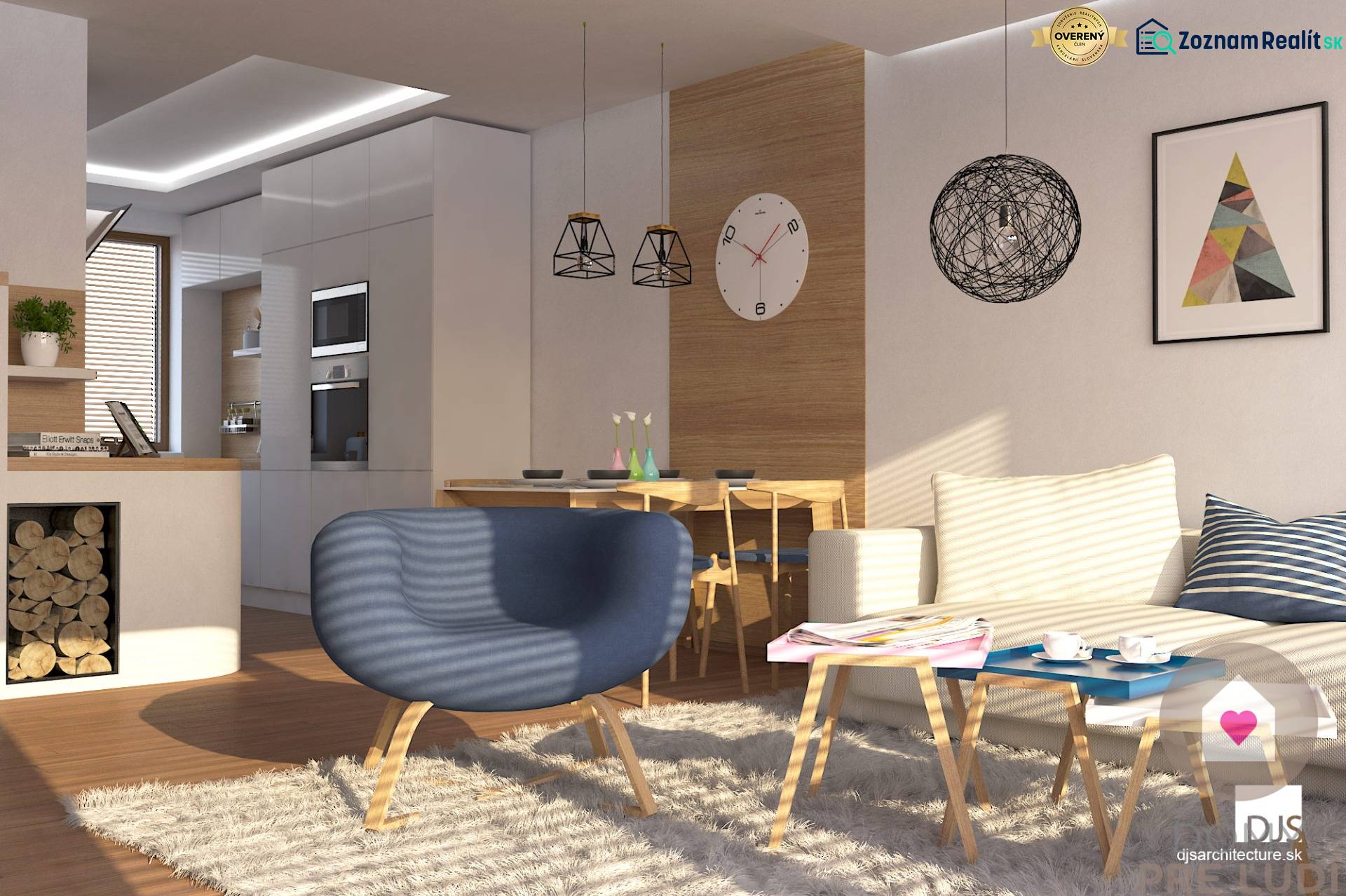 Wohnzimmer in einem Einfamilienhaus mit Teppich, Sessel und Esstisch, Boden mit Holzdekor.