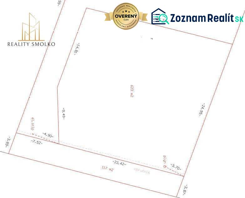 Baugrundstück in Ľubotice mit markierter Katasterkarte und Abmessungen.