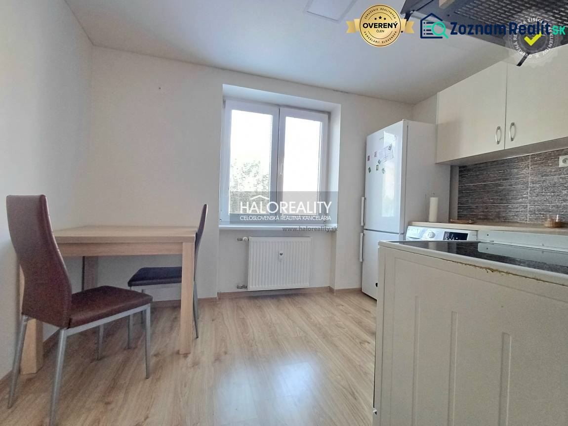 Küche in einer Einzimmerwohnung mit Einrichtung und Boden in Holzoptik.