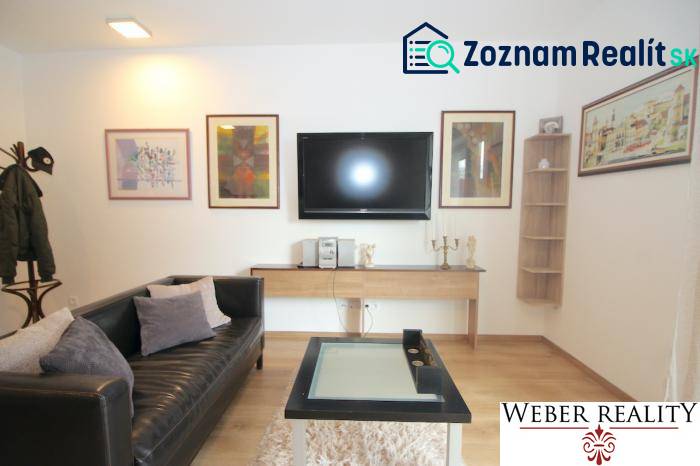 Wohnzimmer in einer Einzimmerwohnung mit Fernseher, Ledersofa und Holzboden.
