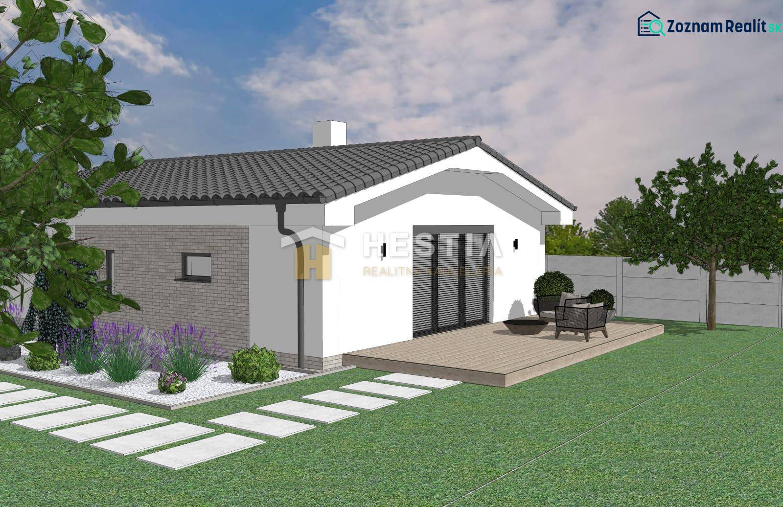 Ein Einfamilienhaus in Sekule mit einer Terrasse, umgeben von Grün und einem Garten.