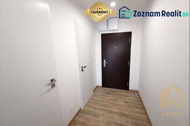 Eingangsbereich in einem Einzimmerapartment mit Türen und Boden in Holzoptik.