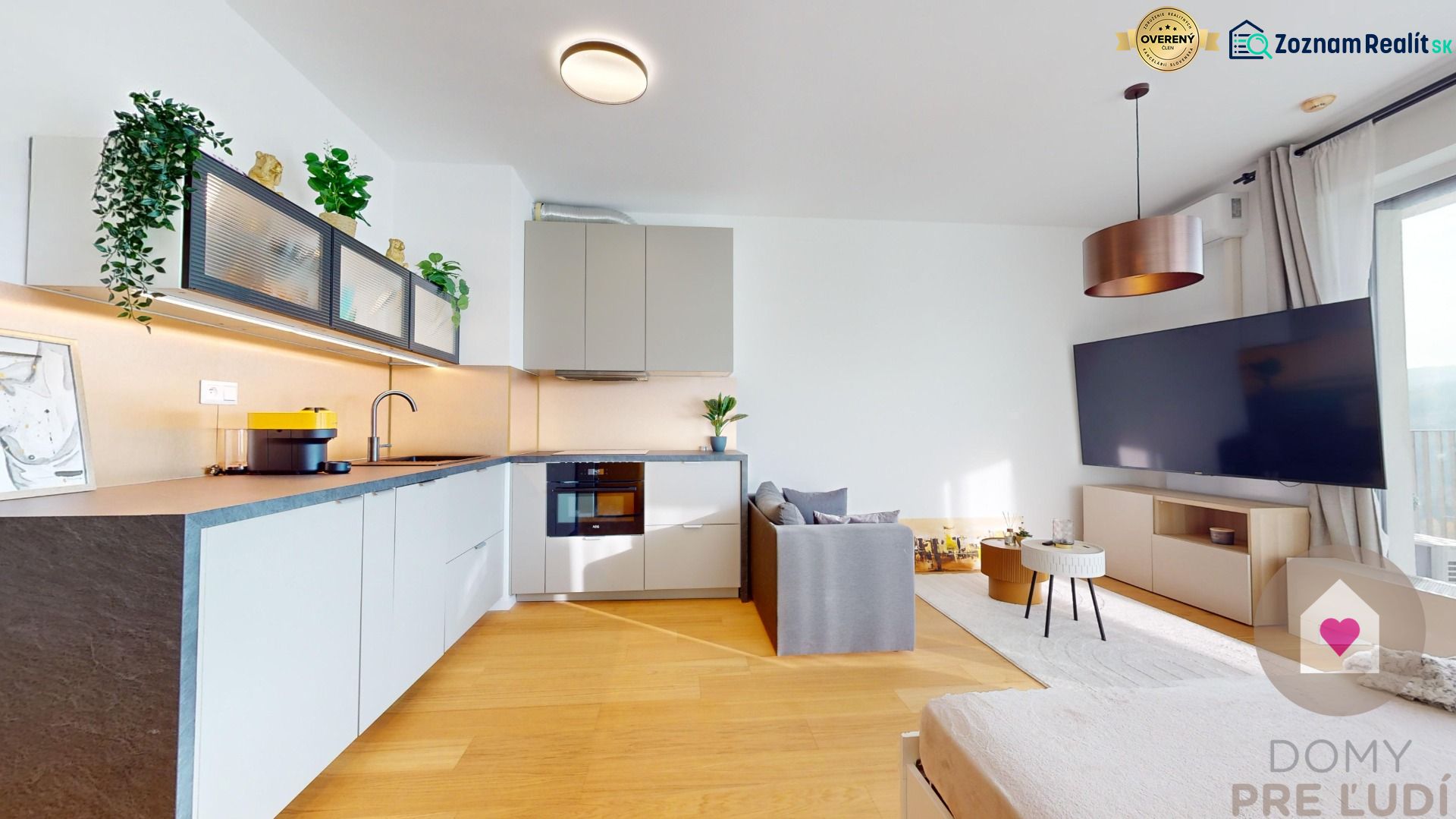 Küche in einer Einzimmerwohnung mit Holzboden, Pflanzen und einem großen Bildschirm.