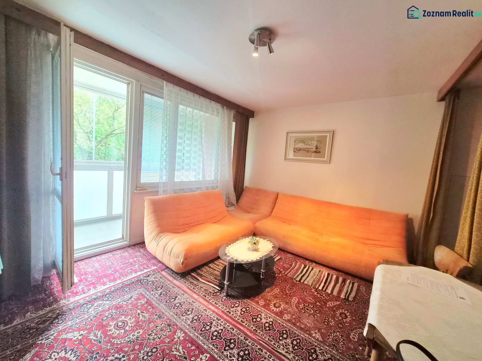 Wohnzimmer in einer Zweizimmerwohnung mit Teppich und orangefarbenem Sofa.