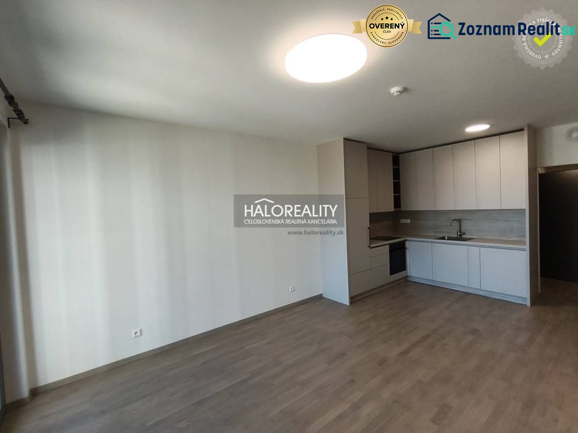 Küche mit Einbaugeräten, Boden mit Holzdekor in einer Einzimmerwohnung.