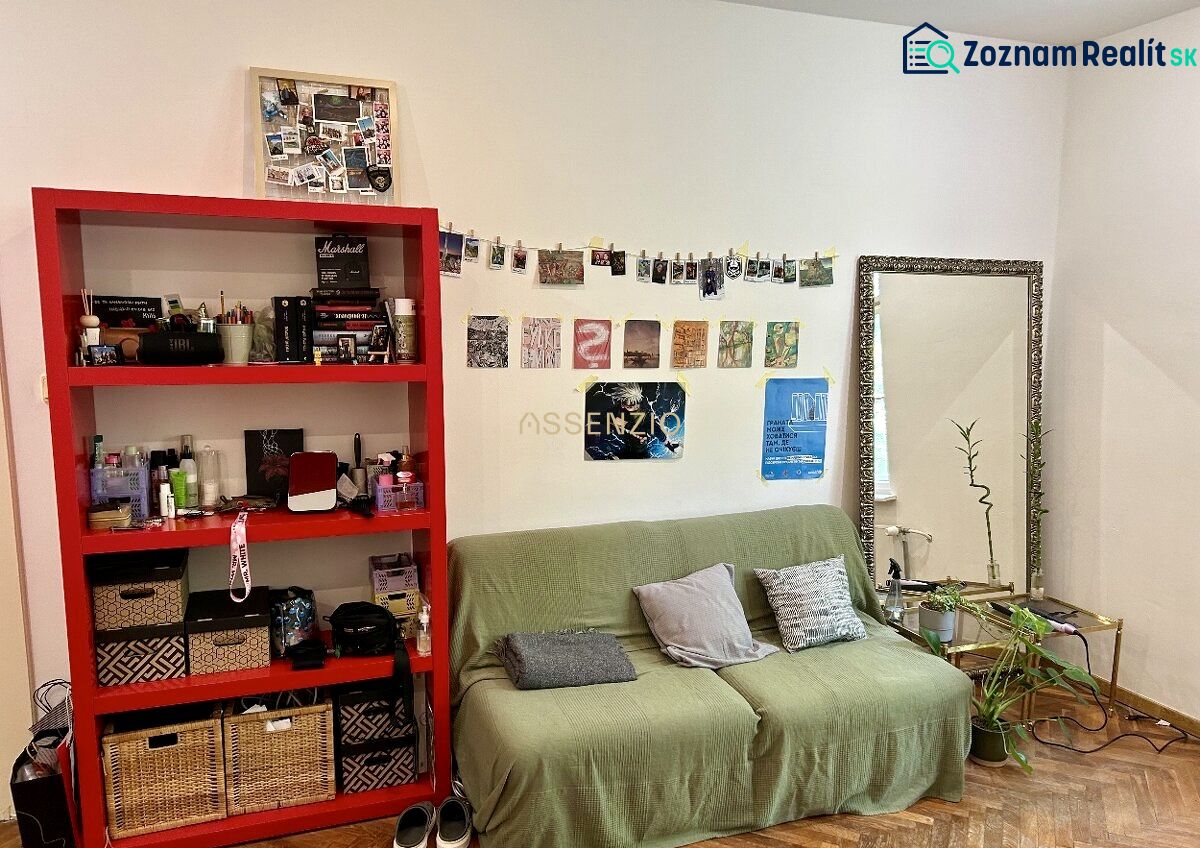 Wohnzimmer in einer Zweizimmerwohnung mit einem grünen Sofa, einem roten Regal und einem Boden mit Holzdekor.