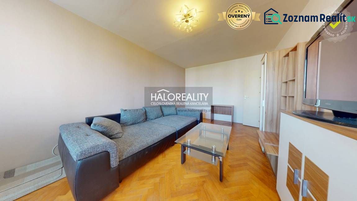 Wohnzimmer in einer 2-Zimmer-Wohnung mit einem Sofa und einem Boden in Holzoptik.