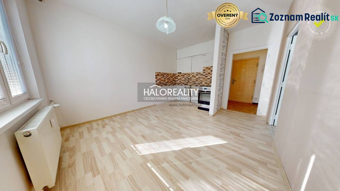 Küche in einer Einzimmerwohnung mit Holzboden und Keramikfliesen.