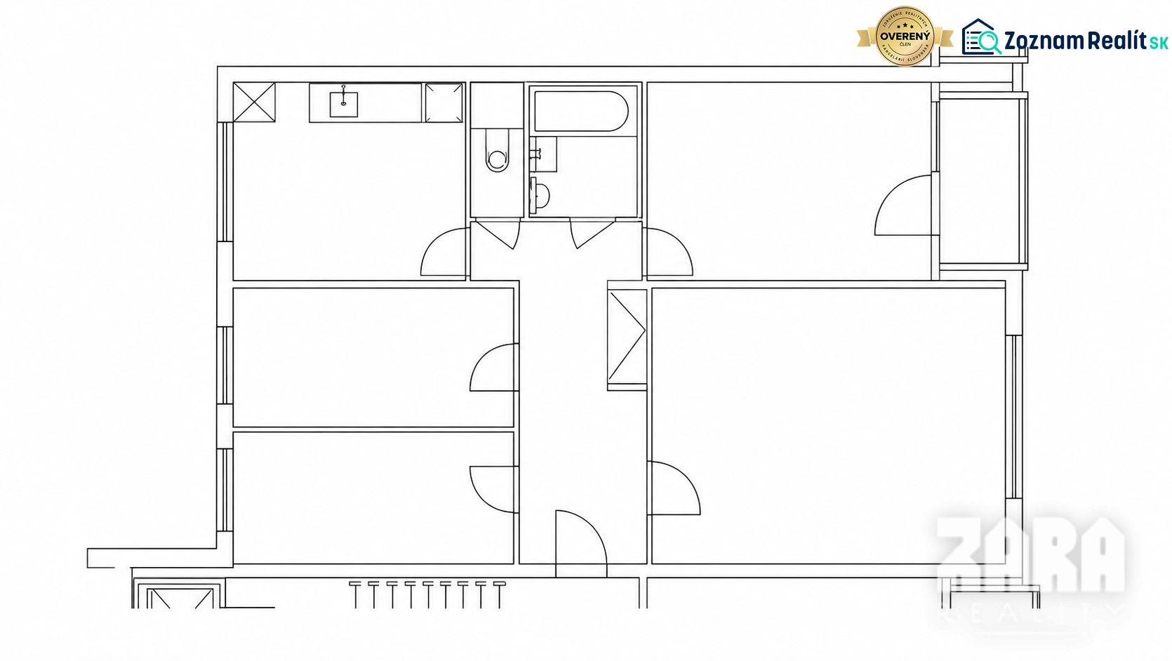 Grundriss einer 4-Zimmer-Wohnung mit gekennzeichneten Räumen und Eingängen.